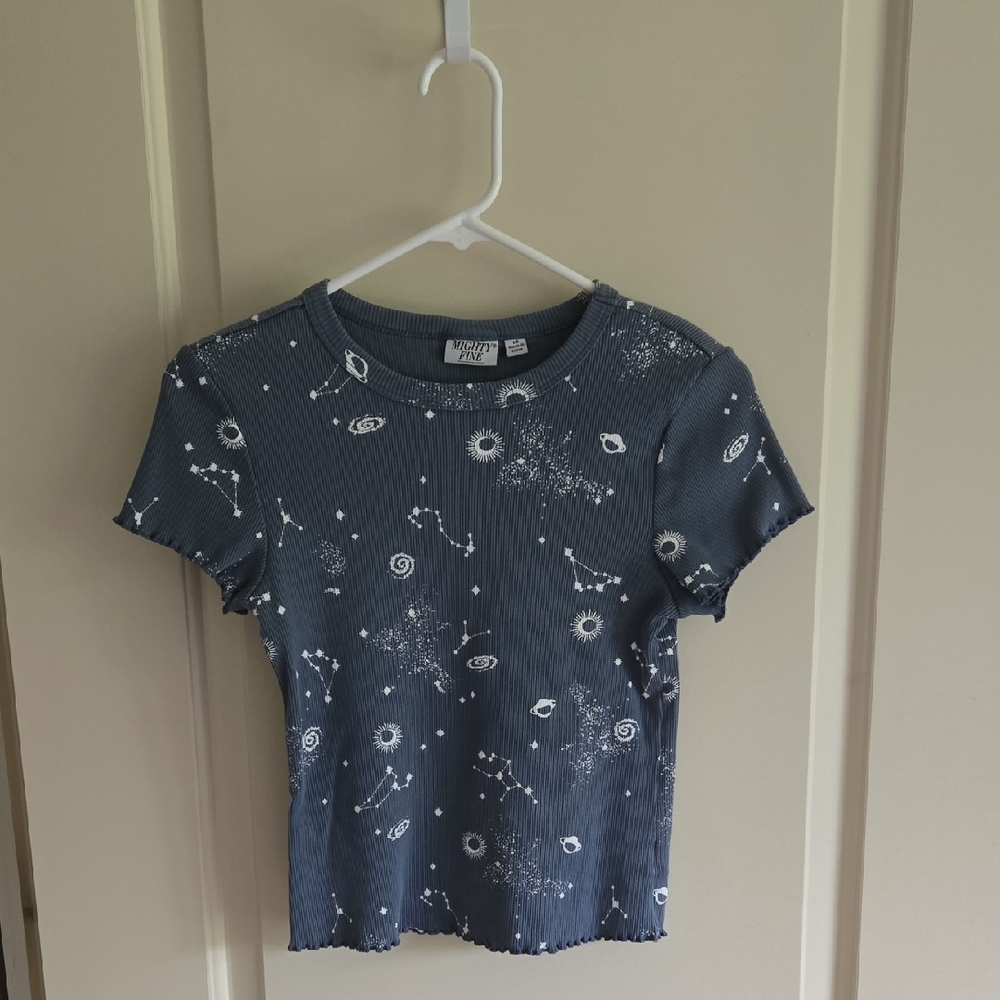 Mighty Fine Blue Ribbed Tee with Celestial Design - L (girl)